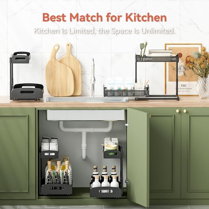 2 Pack Under Sink Organizer, 2 Tier Height Adjustable Kitchen Cabinet Organizer, Pull Out Metal Cabinet Shelf Organizer, Under the Sink Organizers and Storage for Kitchen & Bathroom, Black - Image 7