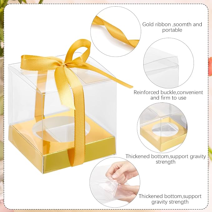 96 Pieces Individual Cupcake Boxes Single Cupcake Container Clear Cupcake Carrier Plastic Cupcake Storage Cupcake Holder with Ribbon and Insert for Wedding Birthday Party Favor, 3.5 x 3.5 x 3.5(Gold) - Image 3
