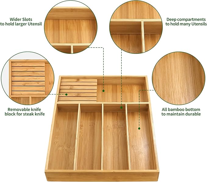 VaeFae Bamboo Silverware Drawer Organizer, 5 Slots, Natural | Wooden Cutlery Tray with Divider for Kitchen, Flatware Storage,43 cm D x 32 cm W, 5 Slots, Natural - Image 6