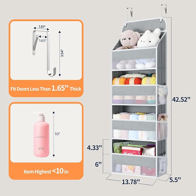 Yecaye Over The Door Organizer, Heavy Duty Hanging Organizers and Storage with 4 Large Capacity Pockets, Swing-Proof Behind The Door Storage for Bathroom Nursery Bedroom Dorm Closet, Grey,1Pc - Image 8