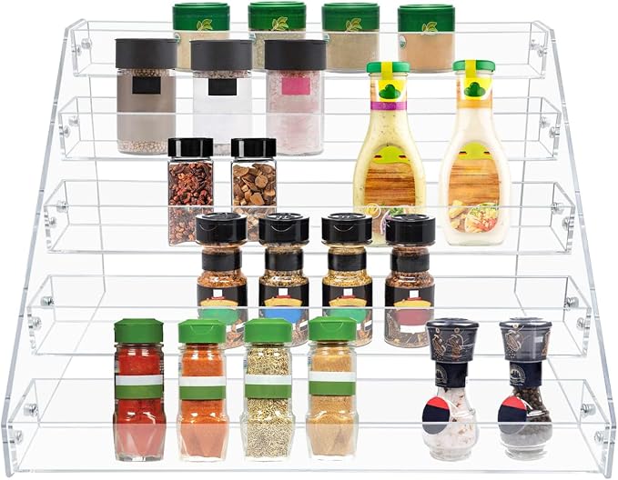 PMMASTO Tiered Spice Rack, Seasoning Organizer, Clear Acrylic Vertical Shelves Can Organizer for Countertop, Cabinet, Pantry, Kitchen Organization and Storage - 5 Tier by PMMASTO