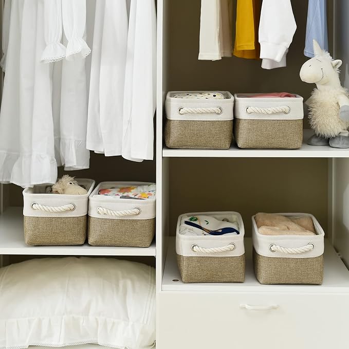 Storage Basket for Shelves - 12x8x5.2 inch Small 6 Pack Collapsible Storage Bin for Closet with Handles, Fabric Storage Cubes for Cloth Organizer Gift Toy Decorative (White & Khaki) - Image 3