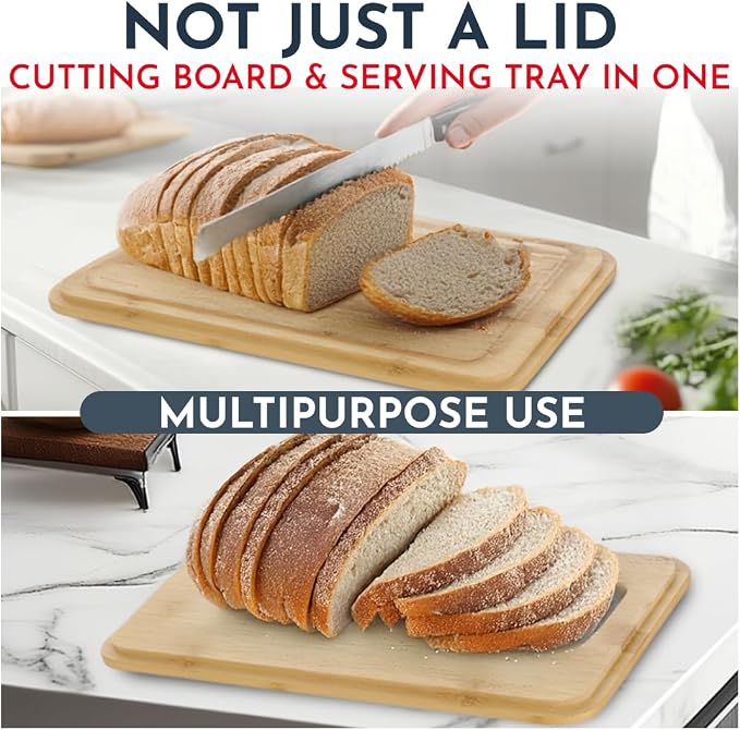 Bread Box for Kitchen Countertop, Homemade Bread - Bamboo Cutting Board Lid | Large Bread Box for Homemade Bread - Storage Bread Box with Cutting Board Lid - Image 5
