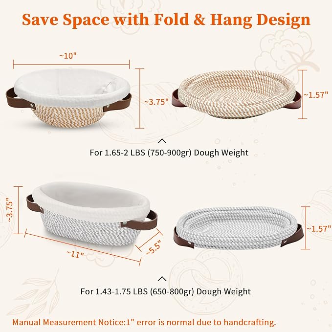 Aliggbent 38Pcs Sourdough Bread Baking Supplies – 11'' Oval & 10'' Round Cotton Rope Banneton Bread Proofing Baskets with Liners & Covers, Sourdough Starter Jar Kit, Scale, Bags & Bread Making Tools - Image 2