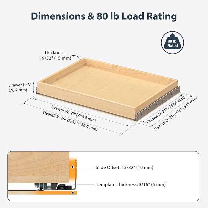Pull Out Drawers for Kitchen Cabinets 29" W x 21" D Birch Wood | Pull-Out Cabinet Drawer, Slide Out Shelf, Concealed Soft-Close Full-Extension Slides, Bottom & Side Mount, 80 lb Heavy-Duty - Image 2