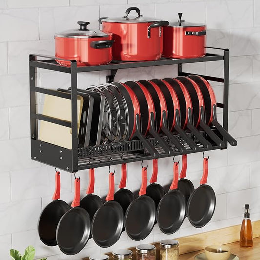 Pot Rack, 31 Inch Wall Mounted 2-Tier Pots & Pans Organizer with 20 Hooks | 14 Removable Slots & Pot Lid Holder, Heavy Duty Steel Pot and Pan Hanger for Kitchen Cookware & Utensil Storage by FREEXPLOYER