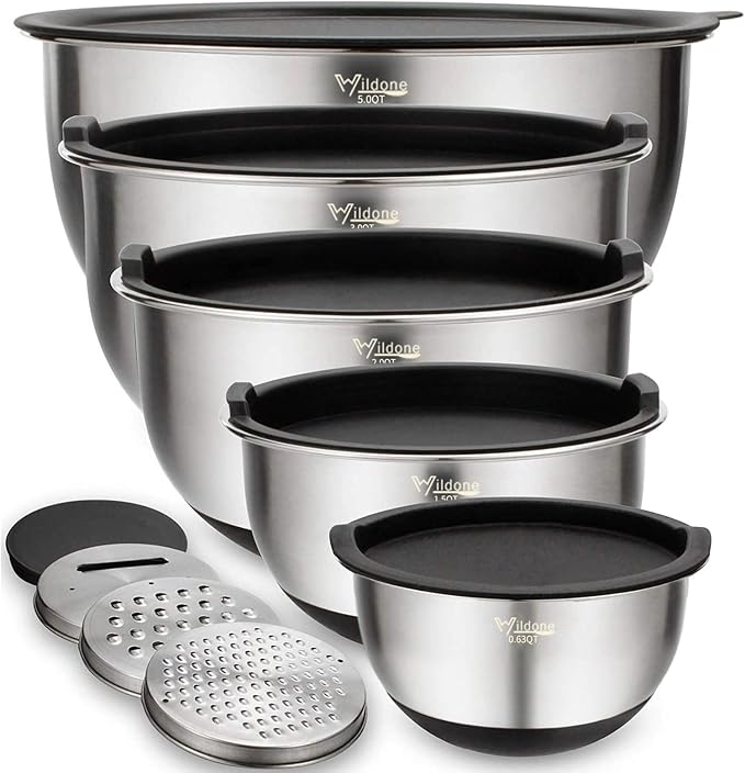 Wildone Mixing Bowls with Airtight Lids Set, 5PCS Stainless Steel Nesting Bowls for Kitchen, with Grater Attachments & Non-Slip Bottoms, Size 5, 3, 2, 1.5, 0.63 QT, Great for Mixing & Serving by Wildone