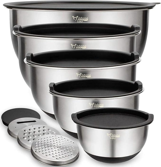 Wildone Mixing Bowls with Airtight Lids Set, 5PCS Stainless Steel Nesting Bowls for Kitchen, with Grater Attachments & Non-Slip Bottoms, Size 5, 3, 2, 1.5, 0.63 QT, Great for Mixing & Serving by Wildone