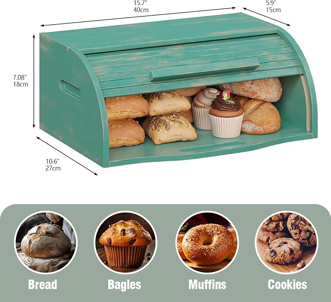 Trironsun Bamboo Roll Top Bread Box for Kitchen Countertop Large Capacity Bread Storage Bin Wooden Bread Storage Organizer Natural Breadbox for Food Storage (Antique Blue) - Image 5