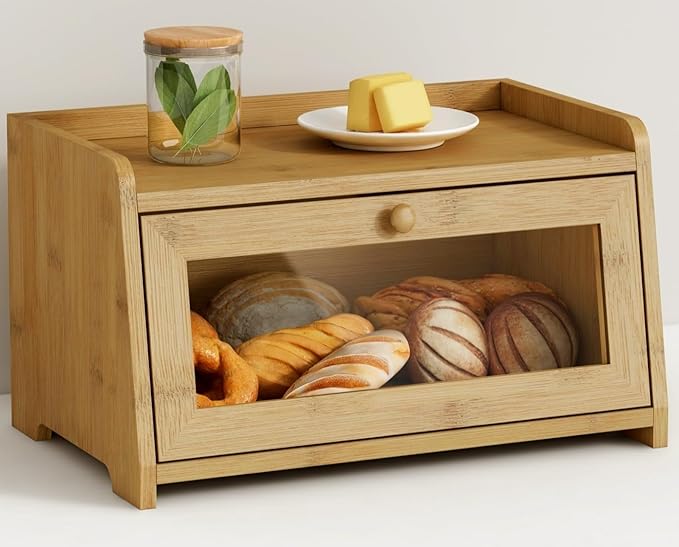 Goozii Wood Bread Box for Kithcen Countertop, Rustic Breadox Storage Container for Homemade Bread, Small Compact Bread Keeper Holder Organizer with Window (Natural Bamboo) by Goozii