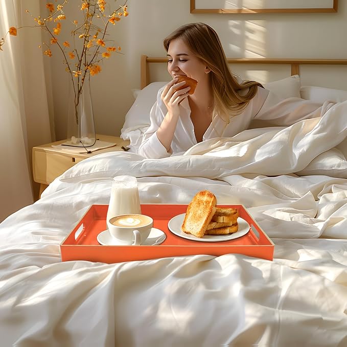 Orange Decorative Tray for Coffee Table, Serving Tray with Handles | Plastic Melamine Tray, Modern Ottoman Tray, Rectangular Countertop Organizer Tray for Living Room, 15.8"L x 10.2"W x 1.4"H - Image 6