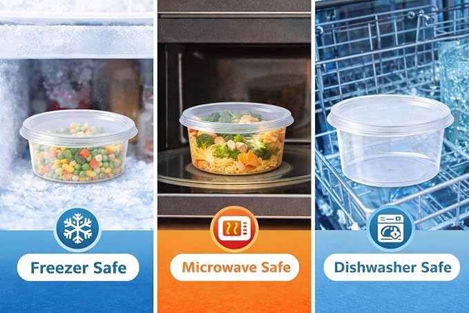 1ABOVE 50 Pack Round Plastic Food Containers with Lids – Reusable Leakproof BPA-Free Meal Prep Storage, Microwave, Freezer & Dishwasher Safe (250ML) - Image 10
