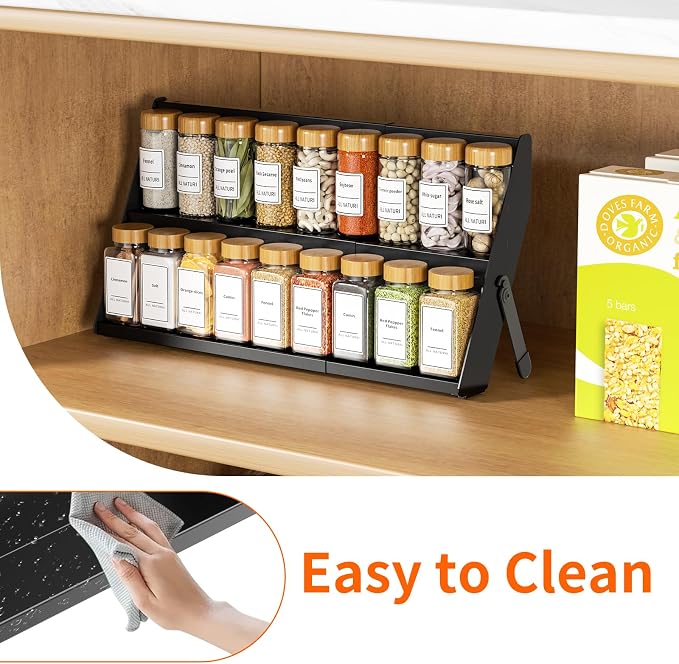 RCHYFEED 2 in 1 Spice Rack Organizer, Expand 12.8 to 21.8 Inch, Foldable | Metal Spicy Shelf，Tiered Spice Rack Suit for Countertop, Cabinet and Drawer, Fits Jars Up to 2.1 Inch, Jars Not Included - Image 8