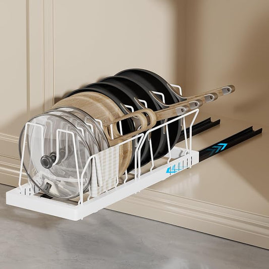 Magheo Pots and Pans Organizer Under Cabinet, 22" Deep Expandable Pull Out Pot Lid Organizer and Storage with 10 Adjustable Dividers No Drill Pot and Pan Holder Rack with Handle Bracket(1 Pack,White) by MAGHEO