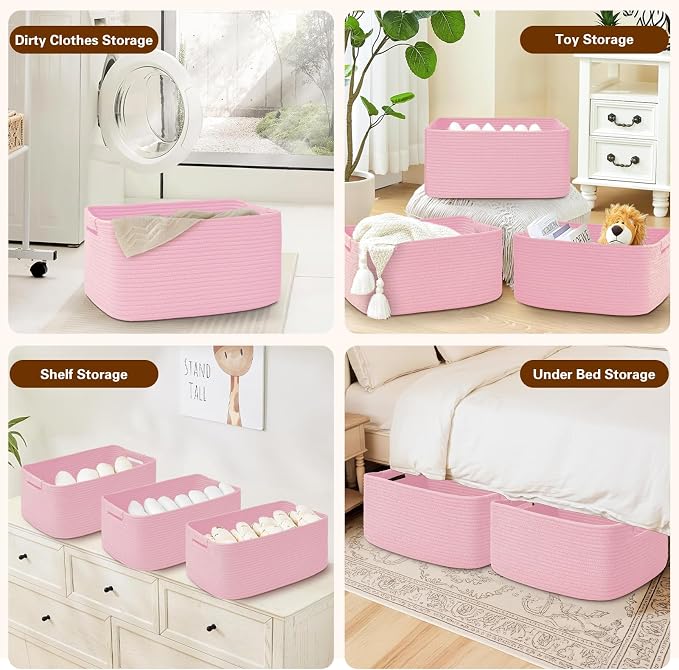 4 Pack Large Storage Basket for Organizing, 17.5"x13"x7" Woven Basket for Shelves, Closet Cube Storage Bins with Wrapped Handle, Cotton Rope Baskets for Kitchen, Clothes, Toys(Light Pink) - Image 5
