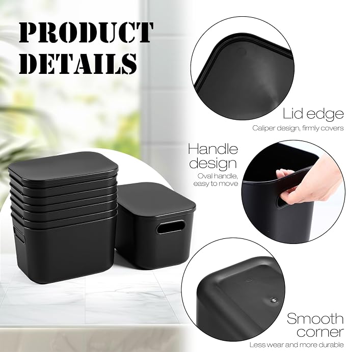 8 Pieces Colorful Storage Bins with Lid, Plastic Storage Basket Organizing Container Stackable Box with Handle for Shelves Desktop Playroom Office(9.8 x 7.1 x 6.3 Inch,Black) - Image 3