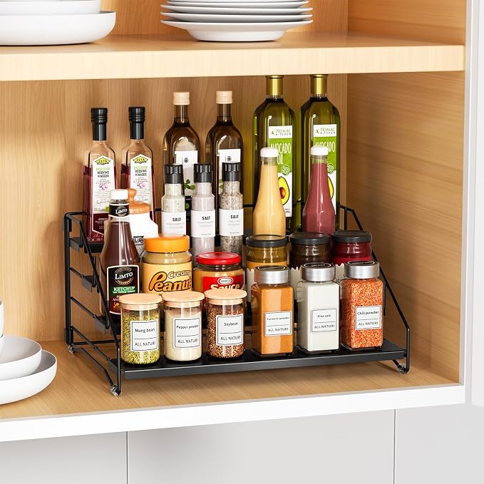 4 Tier Spice Rack Organizer for Cabinet, Depth Adjustable Spice Rack,1 Pack | Black, Metal Spice Organization for Cabinet, Easy Visibility, Tiered Spice Shelf Perfect for Cabinet, Pantry and Countertop - Image 7