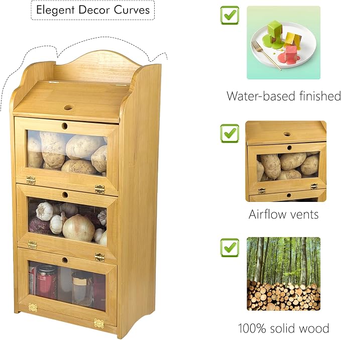 ARTAWEIN Onion and Potato Storage Bin Box Farmhouse Fruit and Vegetable Storage Small Food Kitchen Pantry Cabinet for Snack Large Bread Box for Homemade Bread Black Potato Bins - Image 3