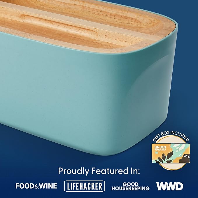Sonder Los Angeles Union Large Bread Box | Fits Full Sourdough Loaves and More | Breadbox with Cutting Board | Homemade Bread Bin Storage Container | 14.25x9.25x7 in | Blue Green | Bamboo Fiber & Recycled Plastic Body with Reversible Bread Board Lid, K... - Image 9