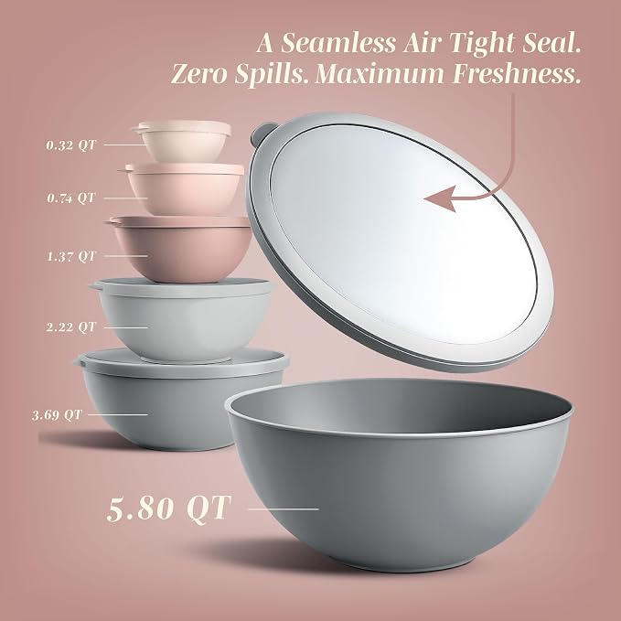 COOK WITH COLOR Mixing Bowls with TPR Lids - 12 Piece Plastic Nesting Bowls Set includes 6 Prep Bowls and 6 Lids, Microwave Safe Mixing Bowl Set (Pink Ombre) - Image 2