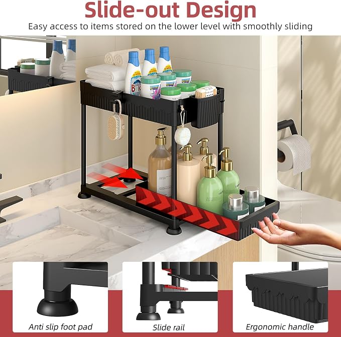 4-Pack 2-Tier Under Sink Organizer with Pull Out Drawers | Multi-use kitchen & bathroom storage. Includes hanging hooks and cups. Black, space-saving cabinet design. 14.8 Inch - Image 5