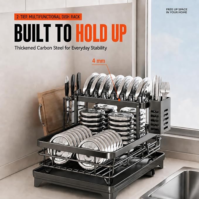 Large 2 Tier Dish Drying Rack for Kitchen Counter, Carbon Steel Dish Drainer with Drainboard and 360° Swivel Spout, Utensil, Knife and Cutting Board Holders, No Assembly Required, Grey - Image 7