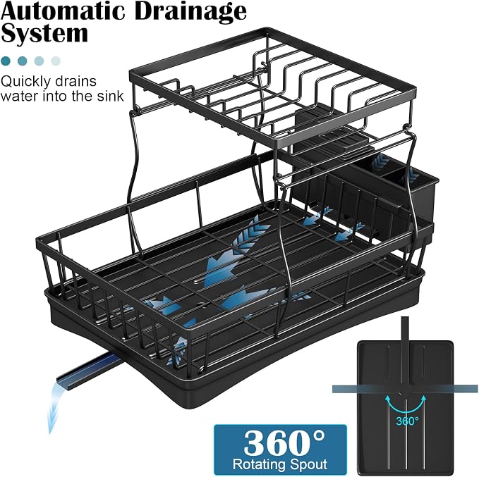 2 Tier Dish Drainer Rack for Kitchen Counter - Space-Saving Dish Rack with Utensil Holder, Large Capacity Dish Drying Rack with Draining Board, Black - Image 6