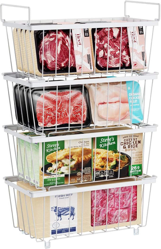 Freezer Organizer Bins - Small Storage Baskets for 7 Cu.Ft, 4 Pack | Easy Access Handles, Stackable Deep Freezer Wire Baskets, Vertical Space Sorts for Frozen Meat, Vegetable and Bagged Items by iSPECLE