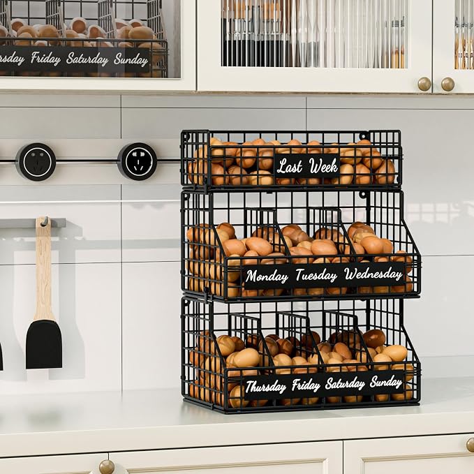 Egg Holder Countertop with Dividers & Labels, 3 Tier Stackable Chicken Egg Holder Egg Baskets for Gathering Fresh Eggs, Egg Organizer for Egg Storage, Wall-Mounted, Black - Image 7