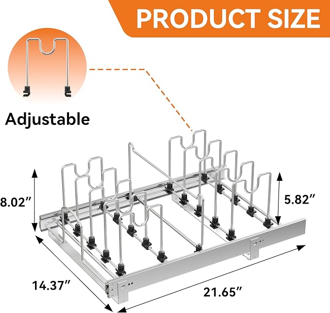 Pull Out Pots and Pans Organizer Under Cabinet, Sliding Adjustable Pot Rack with 11 Adjustable Dividers, Chromeplating Pot and Pan Holder Rack, Full-Extension Rail 15" W X 22" D - Image 2