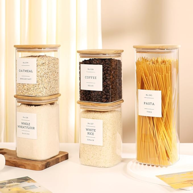 5 Pack Square Glass Pantry Storage Containers with 132 Kitchen Food Pantry Labels - Clear Glass Pantry Jars with Airtight Wood Bamboo Lids - Glass Canisters for Pasta, Cereal, Coffee, Flour, Sugar - Image 7