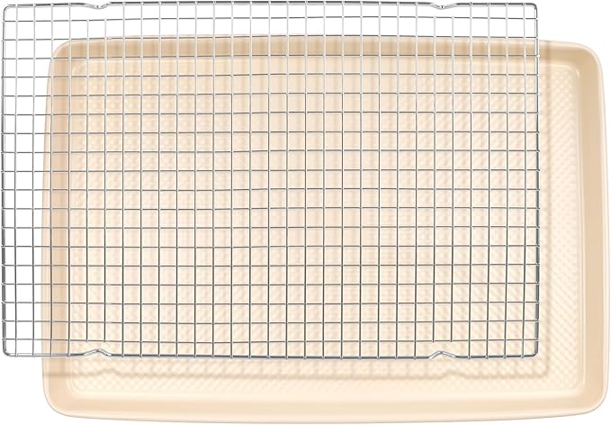 David Burke 17x11 Cookie Sheet with Chrome Cooling Rack – Carbon Steel, PFTE & PFOA Free, Oven Safe, Non-Toxic, Perfect for Baking and Roasting – Cream by David+Burke
