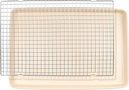 David Burke 17x11 Cookie Sheet with Chrome Cooling Rack – Carbon Steel, PFTE & PFOA Free, Oven Safe, Non-Toxic, Perfect for Baking and Roasting – Cream by David+Burke
