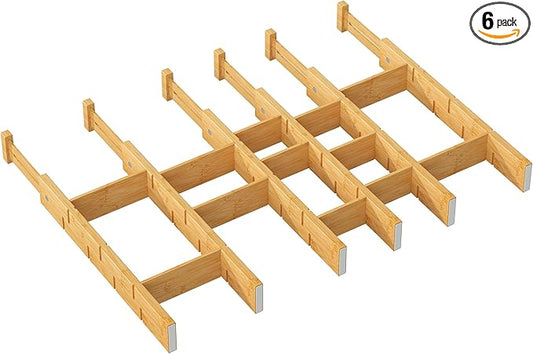 kiplant Bamboo Drawer Dividers - Adjustable Drawer Dividers for Kitchen, Clothes, Closet & Office - 6 Pack with Inserts, 18-22.6 Inches, Non-Slip Silicone Ends by kiplant