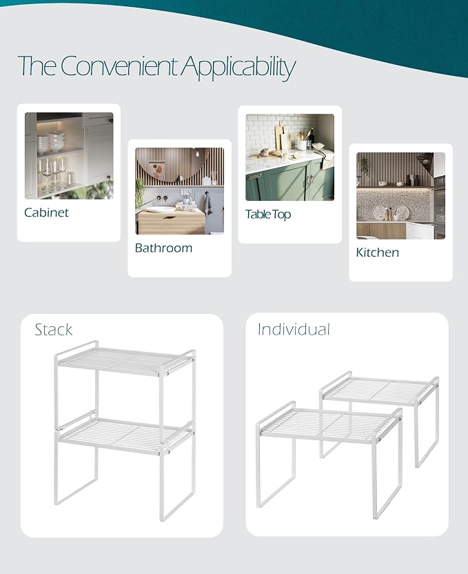 Shantton Cabinet Shelf Organizer, Pantry Shelf Rack, White 13.1x10.6x9.5 | 2-Pack Stackable Metal Riser Holds 40LBS with Non-Slip Feet for Kitchen Pantry Bathroom Countertop Freezer Cupboard - Image 4