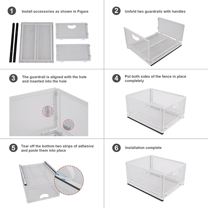 Sliding Cabinet Basket Organizer Drawer Self Adhesive Slide out Pantry Shelves Heavy Duty Carbon Steel Slide Cabinet Storage Basket with Handle for Bathroom Kitchen Home - Image 7