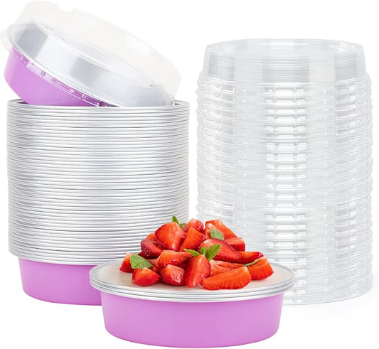 Beasea Disposable Mini Pans with Lids, 50 Pack 4” 8oz Light Pink Aluminum Baking Foil Tins Round Small Tart Container for Individual Cupcake Dessert Muffin Ramekin Cheesecake Quiche Oven Dishes by Beasea