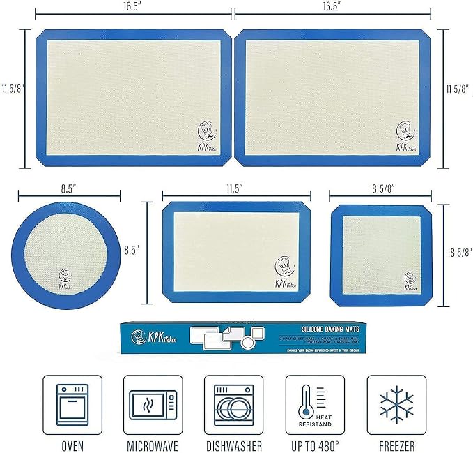 Silicone Baking Mats Set of 5 and Silicone Pastry Mat - 2 Half Sheets Mats + 1 Quarter Sheet Liner + 1 Round & 1 Square Mat + Extra Large Baking Mat For Rolling Out Dough - 100% Silicone - Image 2
