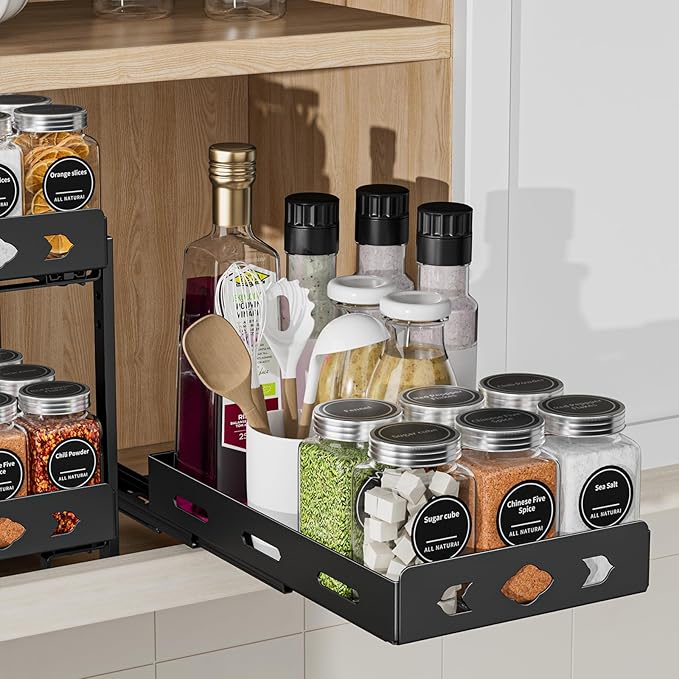 BOIVSHI Pull Out Spice Rack Organizer for Cabinet, Heavy Duty - Sliding Spice Rack, Vertical Spice Rack for Kitchen, Cabinet, Cupboard, Pantry (6.3''Wx10.5''Dx2.8''H, Metal Black) by BOIVSHI