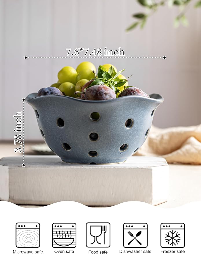 Gomakren Fruit Basket Set of 2, Ceramic Fruit Bowl Berry Basket with Holes, 7.6 Inch Fruit Containers Colander for Fridge - Farmhouse Kitchen Decor, Slate Blue - Image 2