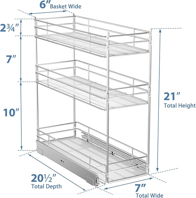 ROOMTEC Pull Out Spice Rack for Narrow Cabinet (7" W X 20½" D),3 Tier Heavy Duty Sliding Spice Cabinet Organization Shelf Racks, Pull Out Shelves Under Cabinet Storage for Kitchen - Image 3