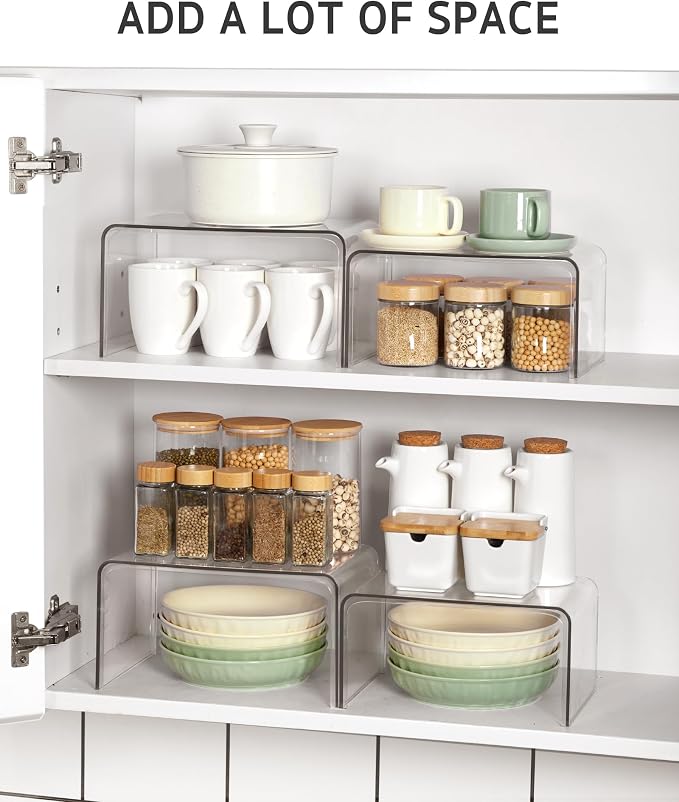 Syntus Cabinet Shelf Organizer, 4 Pack Spice Organization for Cabinet, Seasoning, Plate Organizer Shelf Riser, Clear - Image 5