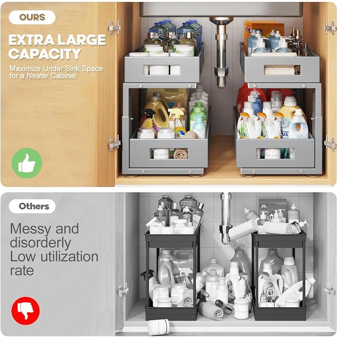 2 Packs 21IN Depth Under Sink Organizer, 2-Tier Pull Out Cabinet Organizer With Smooth Circular Rail, Large Capacity Metal Mesh Sliding Drawers For Bathroom& Kitchen Storage,Height Adjustable-Gun Gray - Image 3