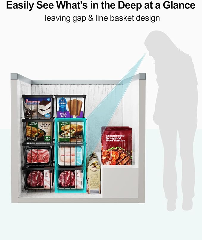 Freezer Organizer Bins - Small Storage Baskets for 7 Cu.Ft, 4 Pack | Easy Access Handles, Stackable Deep Freezer Wire Baskets, Vertical Space Sorts for Frozen Meat, Vegetable and Bagged Items - Image 5