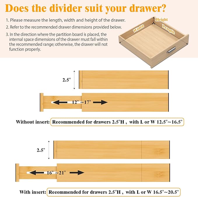 Bamboo Drawer Dividers, 12-21 Inch Kitchen Adjustable Drawer Organizers | Expandable Dresser Separators for Clothes, Ideal for Kitchen, Bathroom, Vanity, Office Organization and Storage, 8-Pack - Image 4