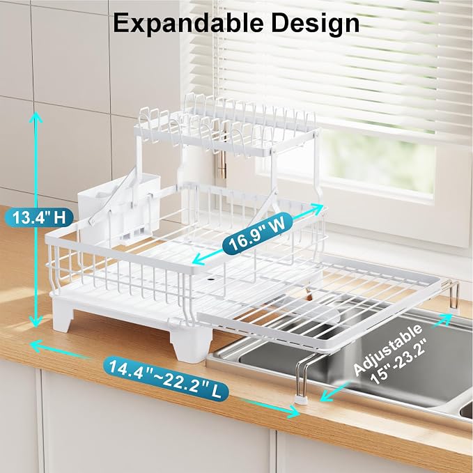 Large Expandable 2 Tier Dish Drying Rack - Over Sink & Counter Use | Extendable Drying Space, Auto-Drain Spout, Stable Screw-Fixed Frame, Cup & Utensil Holder, Rust-Resistant Kitchen Rack, White - Image 6