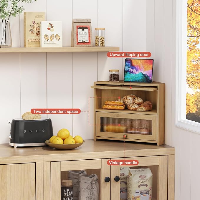 Goozii Corner Bread Box for Kitchen Countertop, Double Layer Bamboo Wood Breadbox for Homemade Bread, 2 Door Roll up Large Bread Storage Container Holder Cabinet for Counter top (Natural Color) - Image 4