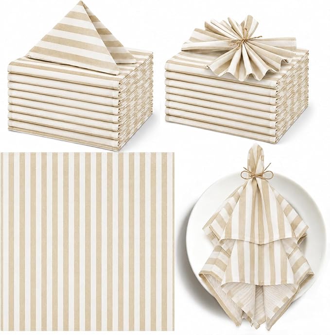 Funnymoom 12 Pcs Farmhouse Beige White Striped Cloth Napkins Reusable Napkins Party Dinner Soft Absorbent for Home Table Decoration Holiday Party Kitchen Supplies by Funnymoom