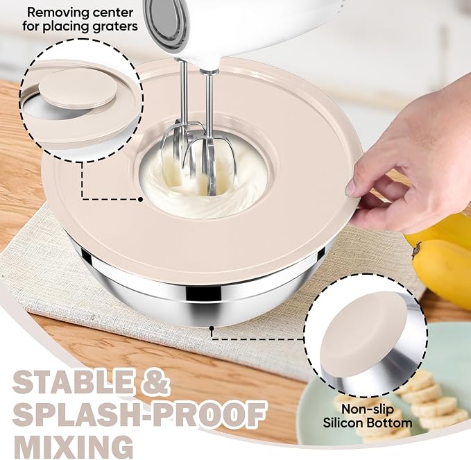 E-far 25PCS Mixing Bowls with Lid Set, Stainless Steel Nesting Prep Bowls with Grater Attachments Non-Slip Bottoms for Cooking, Serving, Food Storage, 4.6/2.6/2/1.5/1/0.7QT - Khaki - Image 4