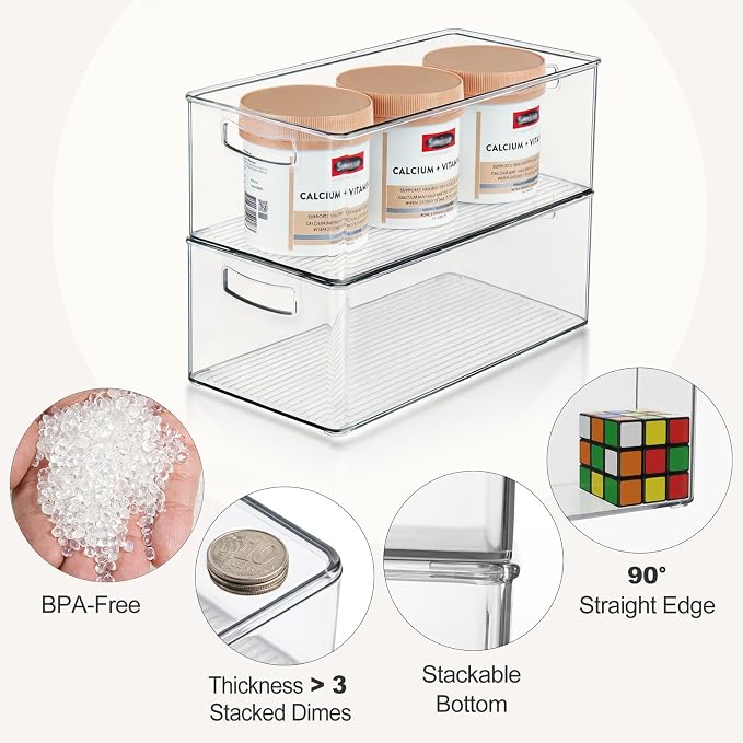 Hudgan 8 Pack Freezer Organizer Bins,Stackable,Clear Bins for Fridge,Pantry | Straight Side, 3 Sizes, 2 XL Storage Container, 3 Large Cabinet Organizer, 3 Medium Storage Drawer - Image 5